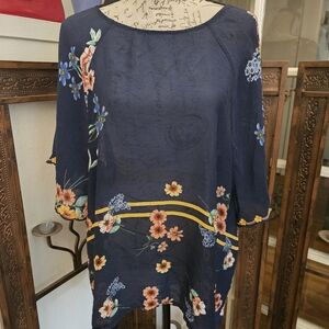 Johnny Was Floral Semi-Sheer Blouse, Sz XL